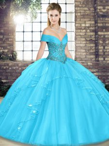 Floor Length Lace Up Quinceanera Dresses Aqua Blue for Military Ball and Sweet 16 and Quinceanera with Beading and Ruffl