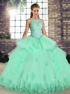 Sumptuous Apple Green Ball Gowns Scoop Sleeveless Tulle Floor Length Lace Up Lace and Embroidery and Ruffles Sweet 16 Dr