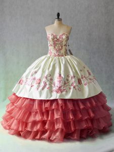 New Arrival Sweetheart Sleeveless Sweet 16 Quinceanera Dress Floor Length Embroidery and Ruffled Layers White And Red Sa