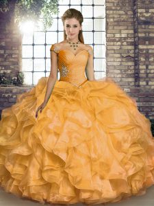 Low Price Gold Sleeveless Floor Length Beading and Ruffles Lace Up Quinceanera Gowns