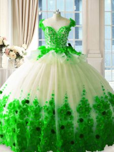 Fantastic Scoop Sleeveless Quinceanera Gown Brush Train Hand Made Flower Green Tulle