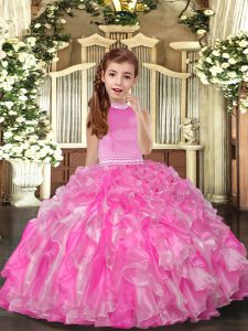 Simple Rose Pink Sleeveless Beading and Ruffles Floor Length Pageant Dress Womens