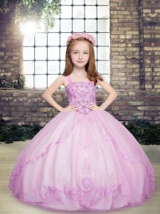 Custom Made Floor Length Lace Up Little Girls Pageant Dress Lilac for Party and Military Ball and Wedding Party with Bea