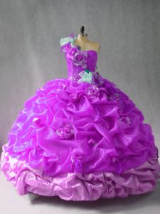 Clearance One Shoulder Sleeveless Quinceanera Gowns Floor Length Pick Ups and Hand Made Flower Purple Organza