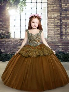 Brown Ball Gowns Beading and Appliques Winning Pageant Gowns Lace Up Tulle Sleeveless Floor Length