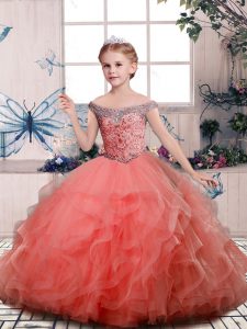 Latest Peach Sleeveless Beading and Ruffles Floor Length Little Girl Pageant Gowns