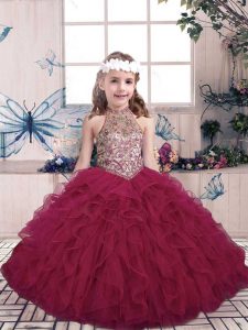 High-neck Sleeveless Pageant Gowns For Girls Floor Length Beading and Ruffles Fuchsia Tulle