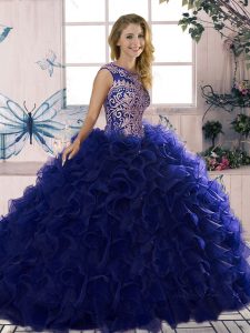 High Class Sleeveless Organza Floor Length Lace Up Quince Ball Gowns in Purple with Beading and Ruffles