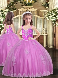 Classical Lilac Tulle Lace Up Kids Pageant Dress Sleeveless Floor Length Appliques