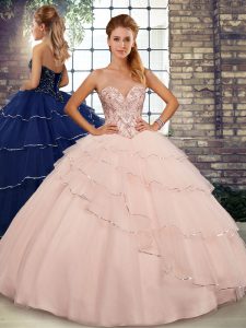 Dynamic Peach Tulle Lace Up Sweetheart Sleeveless Quinceanera Gown Brush Train Beading and Ruffled Layers