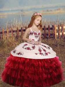 Floor Length Red Child Pageant Dress Organza Long Sleeves Embroidery and Ruffled Layers