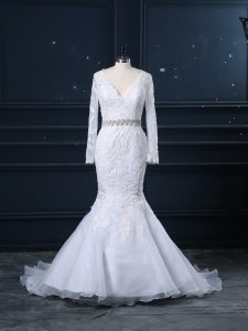 Simple White Mermaid V-neck Long Sleeves Organza Brush Train Backless Beading and Lace Wedding Dresses