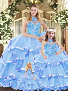Fitting Blue Organza Lace Up 15 Quinceanera Dress Sleeveless Embroidery and Ruffled Layers
