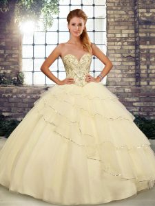 Tulle Sweetheart Sleeveless Brush Train Lace Up Beading and Ruffled Layers Quinceanera Gowns in Light Yellow