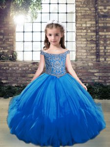 Pretty Blue Tulle Lace Up Off The Shoulder Sleeveless Floor Length Pageant Dress for Teens Beading