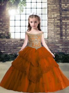 Great Sleeveless Tulle Floor Length Lace Up Pageant Dress for Teens in Rust Red with Beading and Appliques
