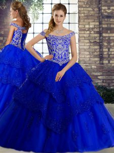 Stylish Royal Blue Vestidos de Quinceanera Off The Shoulder Sleeveless Brush Train Lace Up
