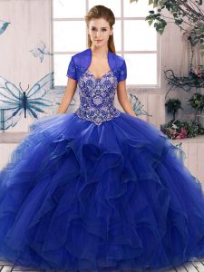 Tulle Off The Shoulder Sleeveless Lace Up Beading and Ruffles 15th Birthday Dress in Royal Blue