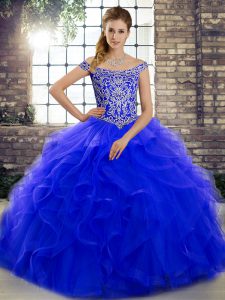 Unique Off The Shoulder Sleeveless Brush Train Lace Up Sweet 16 Dress Royal Blue Tulle