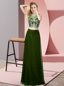 Olive Green Two Pieces Scoop Sleeveless Chiffon Floor Length Backless Beading Prom Gown