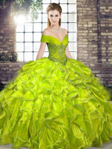 Dazzling Olive Green Organza Lace Up Off The Shoulder Sleeveless Floor Length Sweet 16 Dress Beading and Ruffles