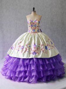 Lavender Ball Gowns Sweetheart Sleeveless Organza Floor Length Lace Up Embroidery and Ruffled Layers Quinceanera Gown