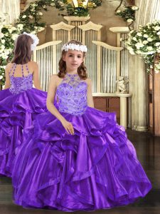 Purple Lace Up Little Girls Pageant Dress Wholesale Beading and Ruffles Sleeveless Floor Length