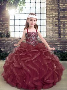 Sleeveless Organza Floor Length Lace Up Little Girl Pageant Dress in Burgundy with Beading and Ruffles