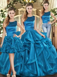 Sleeveless Floor Length Ruffles Lace Up Sweet 16 Dresses with Teal