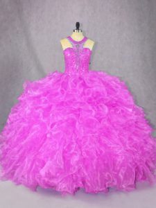 Organza Scoop Sleeveless Zipper Beading and Ruffles Quinceanera Gowns in Fuchsia