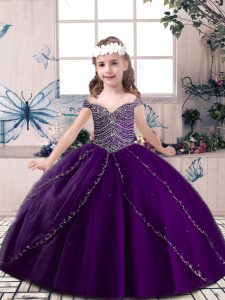 Eggplant Purple Tulle Lace Up Straps Sleeveless Floor Length Evening Gowns Beading