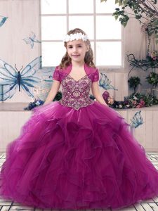 Beading and Ruffles Kids Formal Wear Fuchsia Lace Up Sleeveless Floor Length