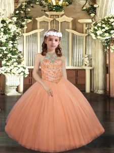 Best Peach Tulle Lace Up Halter Top Sleeveless Floor Length Winning Pageant Gowns Beading