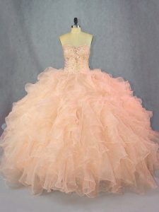 Peach Organza Lace Up 15 Quinceanera Dress Sleeveless Floor Length Beading and Ruffles
