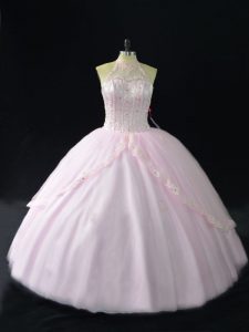 Pink Quinceanera Dresses Sweet 16 and Quinceanera with Beading and Appliques Halter Top Sleeveless