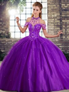 Free and Easy Purple Ball Gowns Beading Quince Ball Gowns Lace Up Tulle Sleeveless