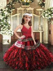 Excellent Floor Length Zipper Little Girl Pageant Gowns Red for Party and Wedding Party with Appliques and Ruffles