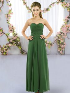 Green Empire Sweetheart Sleeveless Chiffon Floor Length Lace Up Ruching Dama Dress for Quinceanera