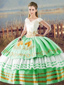 Apple Green Sleeveless Embroidery and Ruffled Layers Floor Length Vestidos de Quinceanera