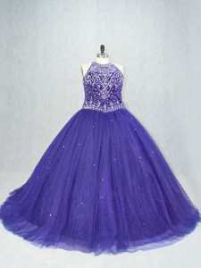 Purple Tulle Lace Up Scoop Sleeveless Quinceanera Dresses Brush Train Beading
