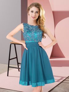 Super Chiffon Scoop Sleeveless Backless Beading and Appliques Dama Dress for Quinceanera in Teal