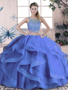 Amazing Tulle Sleeveless Floor Length 15th Birthday Dress and Beading and Ruffles