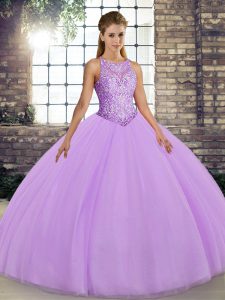 Lavender Scoop Lace Up Embroidery Sweet 16 Dresses Sleeveless