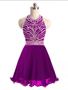 Sleeveless Mini Length Beading Lace Up Prom Evening Gown with Eggplant Purple