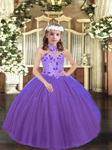 Purple Tulle Lace Up Winning Pageant Gowns Sleeveless Floor Length Appliques