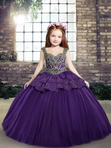 Ball Gowns Custom Made Pageant Dress Purple Straps Tulle Sleeveless Floor Length Lace Up