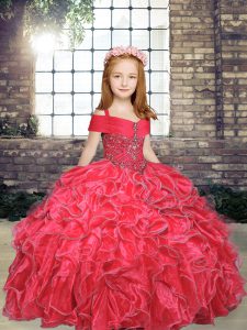 Red Sleeveless Organza Lace Up Little Girls Pageant Dress for Party and Wedding Party