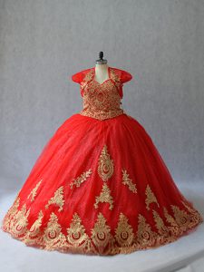 Hot Sale Red Tulle Lace Up Sweetheart Sleeveless Quinceanera Gown Court Train Beading and Appliques