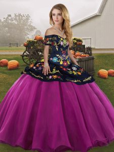 Fuchsia Sleeveless Tulle Lace Up Quinceanera Dresses for Military Ball and Sweet 16 and Quinceanera