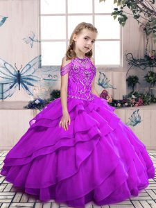 Hot Selling Floor Length Lace Up Little Girls Pageant Gowns Purple for Party and Military Ball and Wedding Party with Be